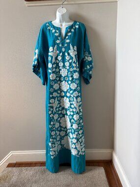 Gorgeous Turquoise Cotton Maxi Dress with White Embroidery, Medium